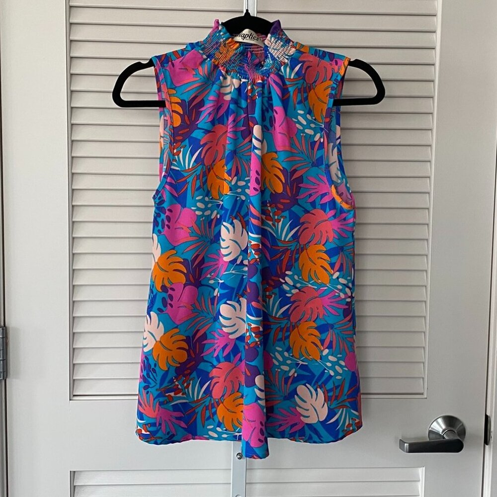NWOT Haptics by Holly Harper Mock Neck Tank, Bright Tropical Floral, Size S
